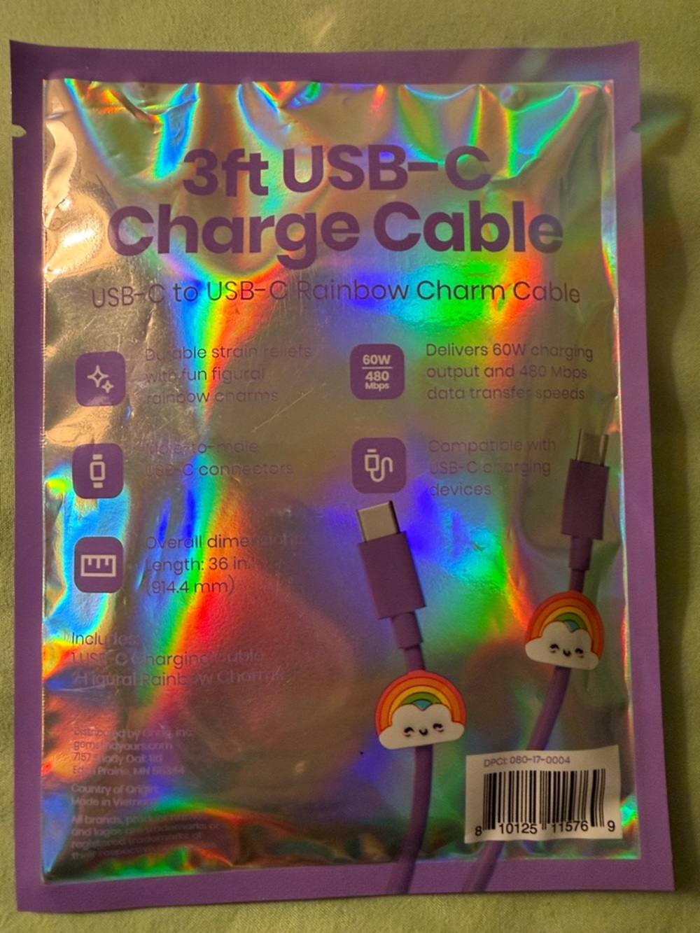 Cute Purple USB-C Charge Cable with Rainbow Charms - Picture 2 of 2